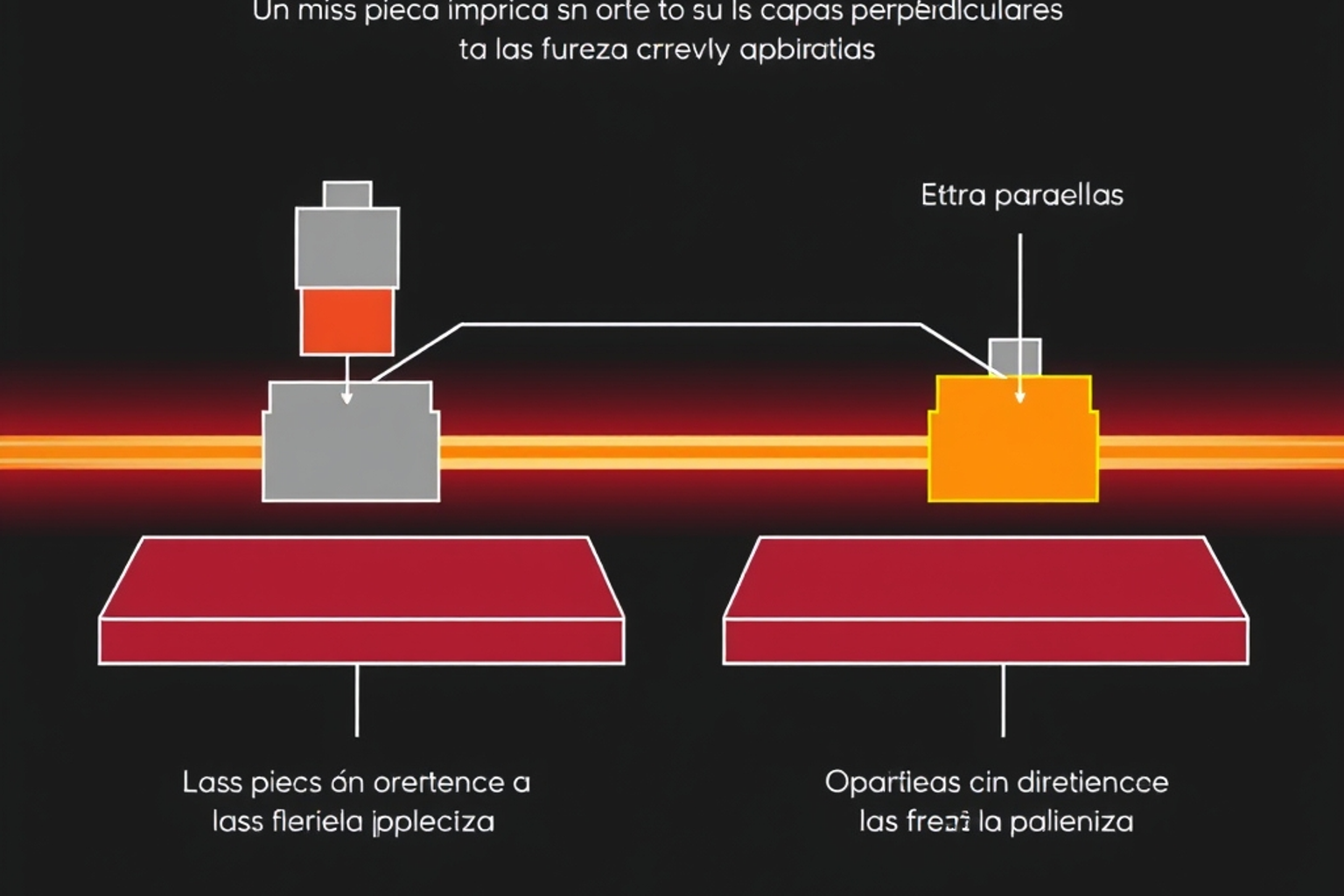 Una misma pieza impresa en dos orientaciones distintas, con flechas indicando la dirección de la fuerza